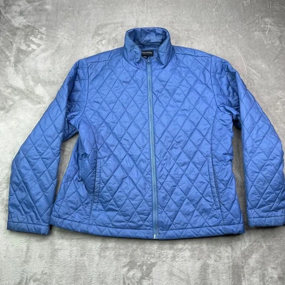 Lands End Quilted Full Zip Jacket Womens Large Blue Thermolite Puffer - Picture 1 of 14